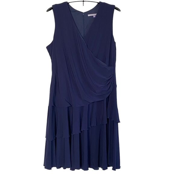 Luxe by Carmen Marc Volvo Drape Front Sleeveless Tiered Navy Midi Dress Sz 22 - Picture 8 of 9